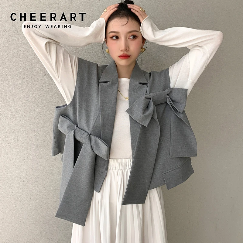 CHEERART Designer 2021 Fashion Women Gilet Grey Vest Bow Sleeveless Blazer Coat Loose Crop Jacket Single Button Waist Coat