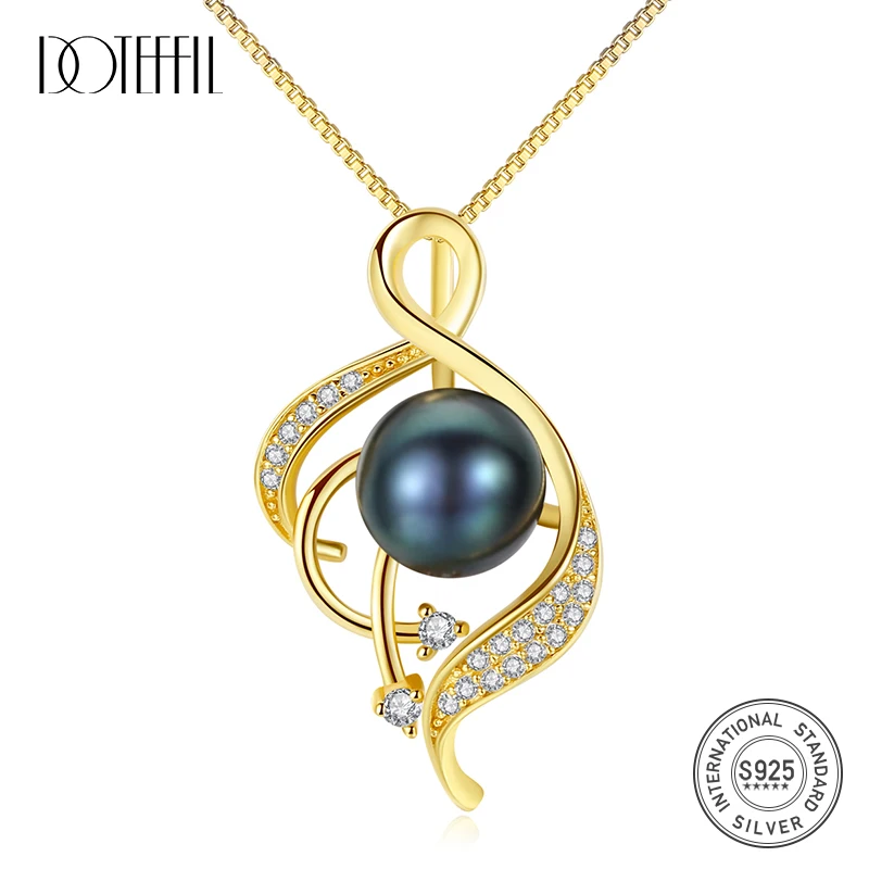 

DOTEFFIL 925 Silver Necklace Gold Colour Pearl Pendant Zircon Inlay Natural Freshwater Pearl Jewelry Link Women Lady Gift Party