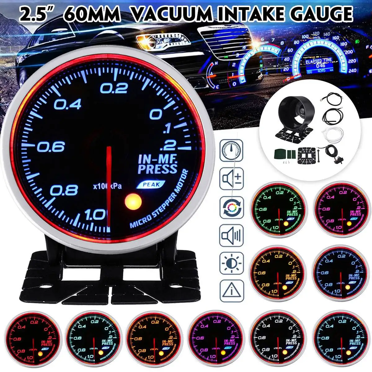2.5" 60mm Universal Car LED Gauge Turbo Boost Gauge Bar PSI Water Temp Oil Pressure Temp Tachometer Volt Exhaust Gas Air Fuel - Цвет: Vacuum Intake Gauge
