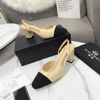 

New style French high-heeled shoes in summer 2020 thick heel square head color matching high heel back empty women's sandals