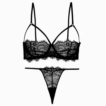 

New Hollow Sexy Transparent Underwear Ultra thin Lace Bra Thongs Set French Bralette Women Sexy Black Plus Size Lingerie