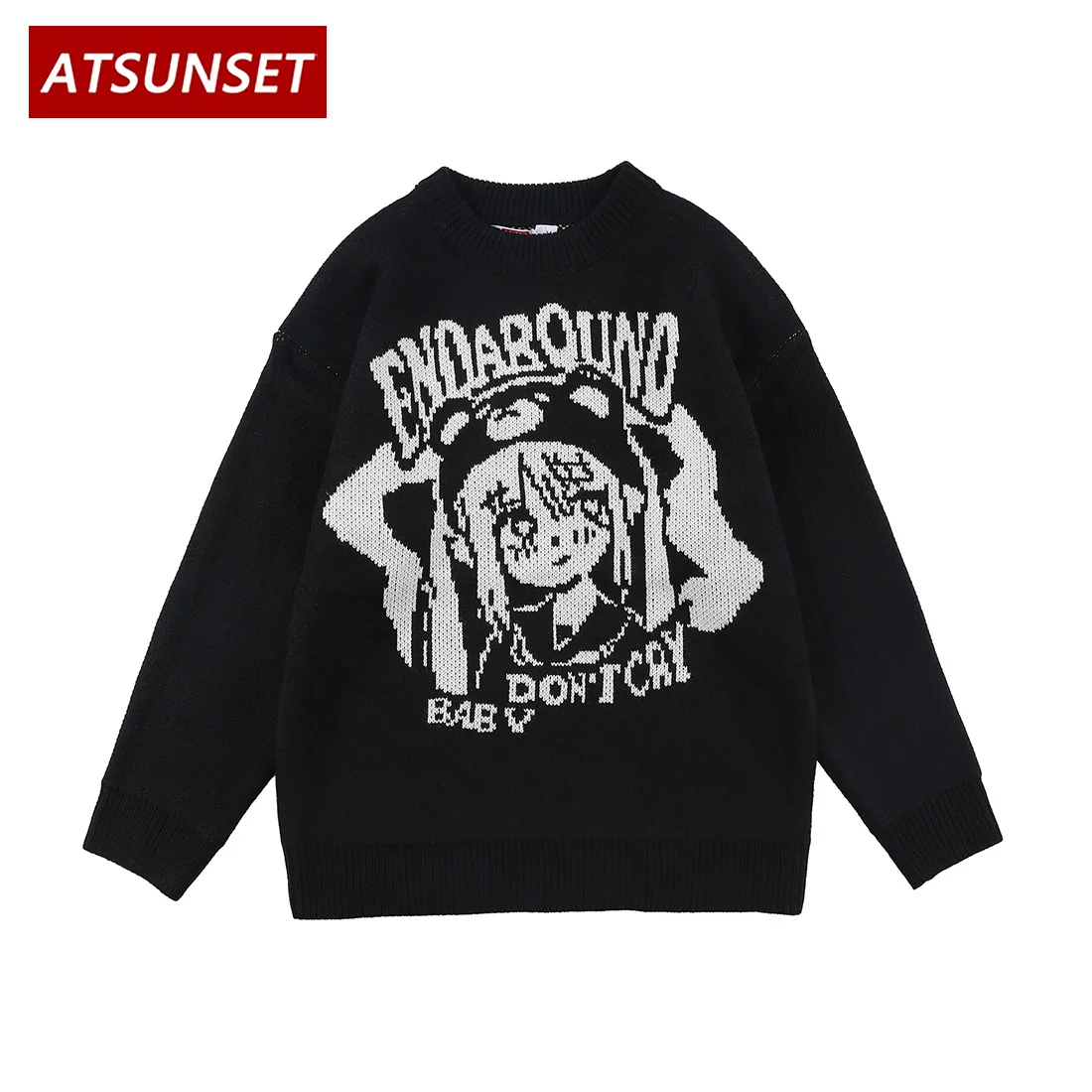 ATSUNSET Anime Girl Manga Print Simplicity Sweater Hip Hop Streetwear Vintage Style Sweater Harajuku Knitting Pullover Tops