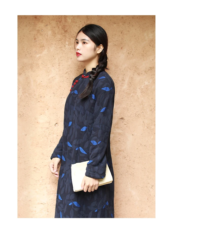 LZJN 2019 New Vintage Chinese Thickened Plush Dress Autumn Winter Female Warm Long Cheongsam Qipao Retro Robe Dress (17)