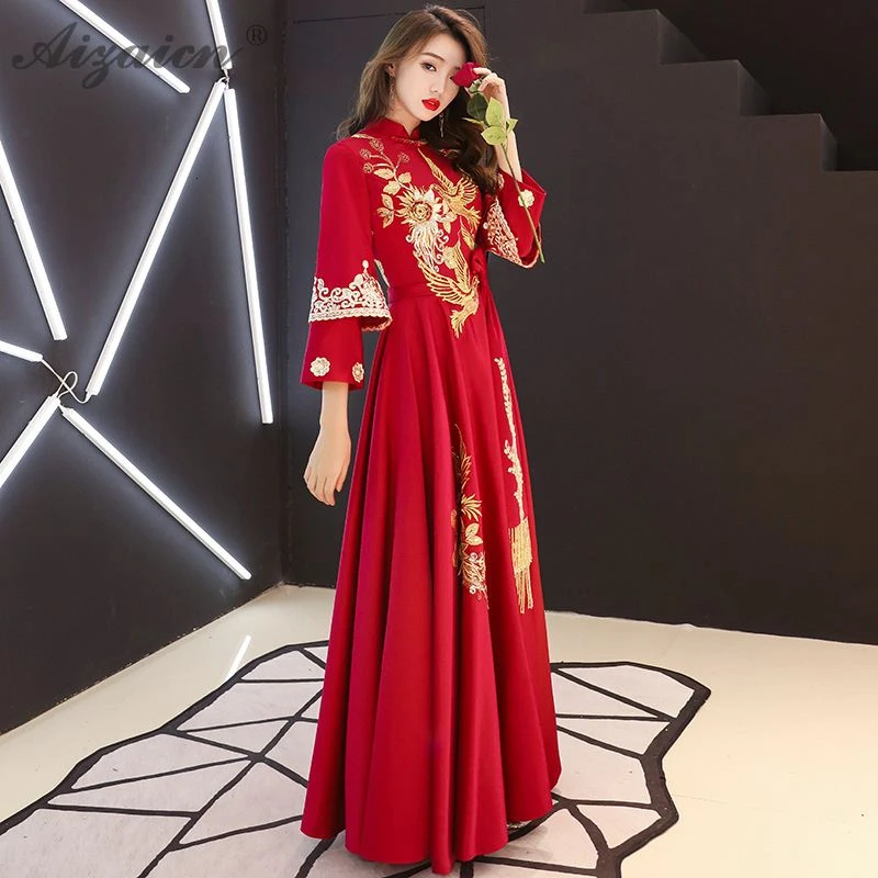 Восточный стиль красный вышивка длинный Cheongsam современная мода невесты винтажное платье Qi Pao женское китайское вечернее китайское платье-Ципао Халат