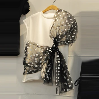 

Bow mesh patchwork short sleeve t shirt women o-neck Korean modis tee shirt femme cotton tshirt 2020 summer tops new arrival
