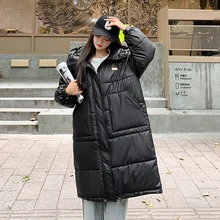 Women Long Winter Jacket Hooded Korean Style Ladies Long Sleeve Cotton Padded Thicken Big Pockets Outwear for Female Coat Women