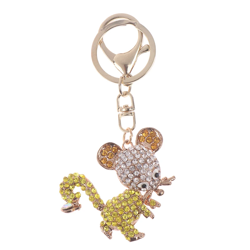 Lovely Blue Pink Red Yellow Rat Mouse Keychain Rhinestone Crystal Pendant Charm For Handbag Purse Bag Carkey Gift - Цвет: YELLOW