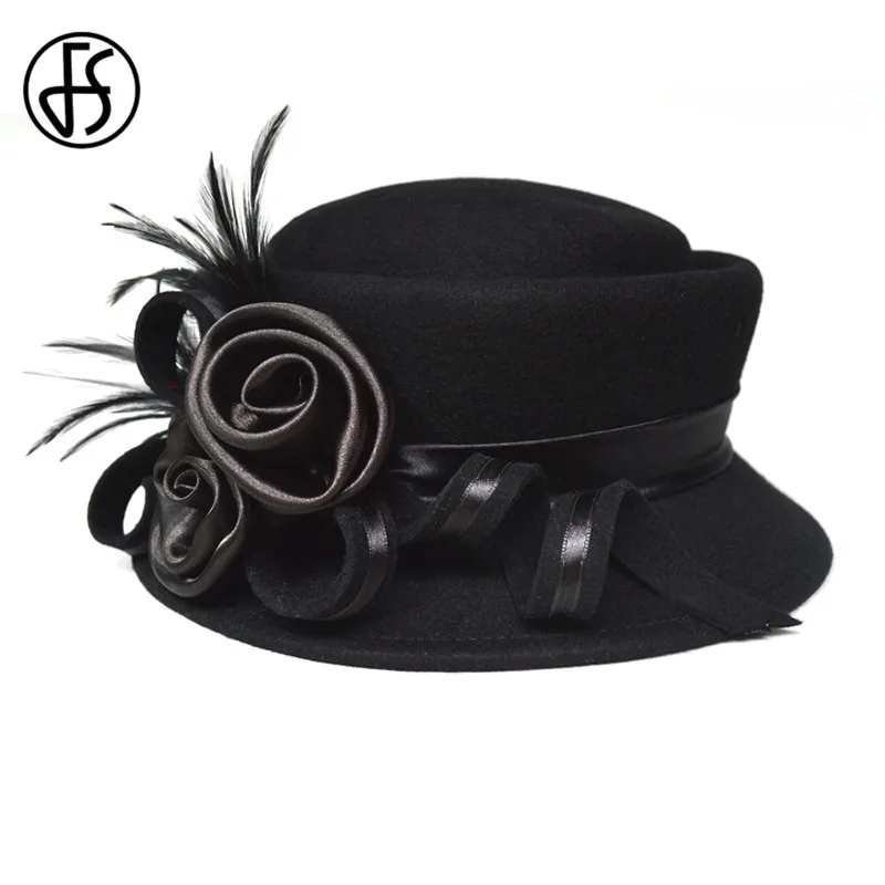 Женская шерстяная шляпка FS черная или винно красная с перьями и цветочным