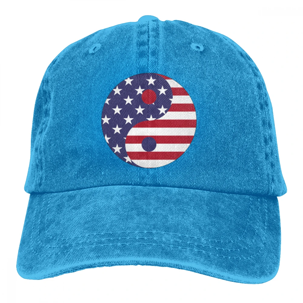 Американский флаг США символ Инь и Янь Casquette серый унисекс Мужские Женские джинсовые бейсболка с ремешком кепки Регулируемый Гольф папа шляпа