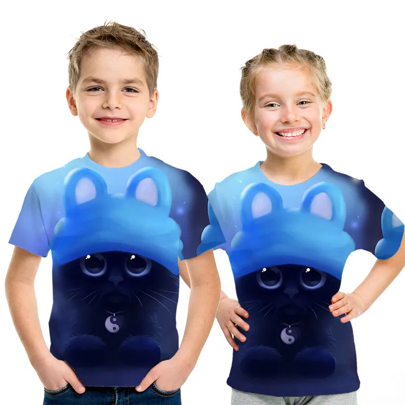 picture color Футболки для девочек и мальчиков, футболка с 3d принтом, Детская футболка с рисунком кота для девочек, летняя подростковая одежда для девочек 3, 4, 5, 6, 8, 10, 12, 13, 14 лет - Цвет: picture color