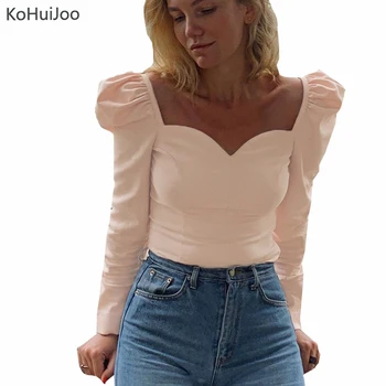 

KoHuiJoo Ladies Sexy Shirt Women 2020 Spring Square Collar Vintage Solid Puff Sleeve Short Blouse Fashion Runway Crop Tops Pink