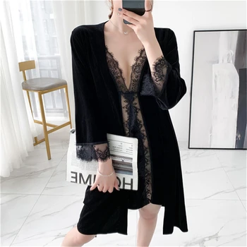 

Two-piece bride robe home service female seduction black sexy suspenders bathrobe long-sleeved warm robe de chambre femme 2020