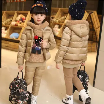 

Russia Girls Winter Warm Clothing Set Hooded Vest Jacket+Warm top Cotton Pants 3 Pieces Set Girl Cotton Coat With Warm Hood