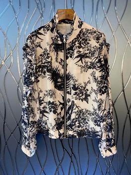 

2020 Spring and Summer New Women's Small Collar Ink Printing Decorations Zipper Long-Sleeved Jacket 413