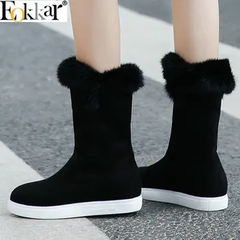

Eokkar 2020 Women Mid Calf Boots Flock Snow Boots Slip on Elegant Round Toe Plush Fur Fashion All Match Ladies Boots Size 34-43