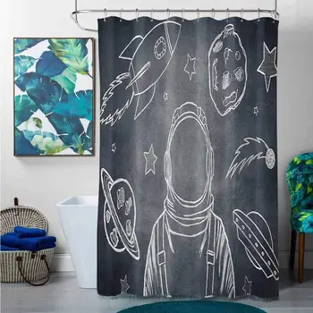 

Funny Shower Curtains for Men Wide Tap,Space Backdrop with Planets Rocket and Sketchy Astronaut Figure Galaxy Illustration,Dark