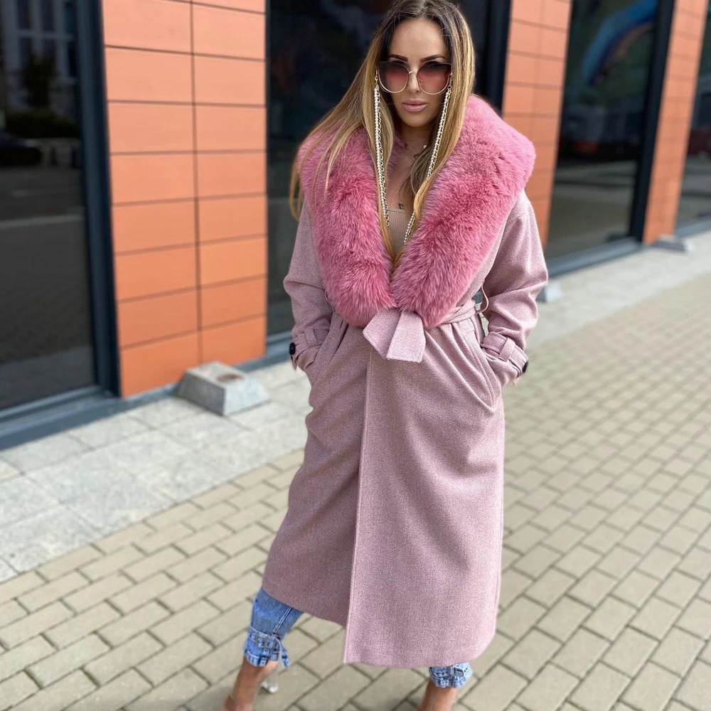 Real Fox Fur Cashmere Overcoat Long Luxury Woman Winter Trendy Genuine Fox Fur Collar Wool Blends Coat with Belt Outwear Female