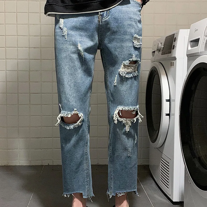 Promo Hole Jeans Men's Fashion Casual Loose Hip Hop Jean Pants Men Streetwear Wild Wash Retro Straight Denim Trousers Mens