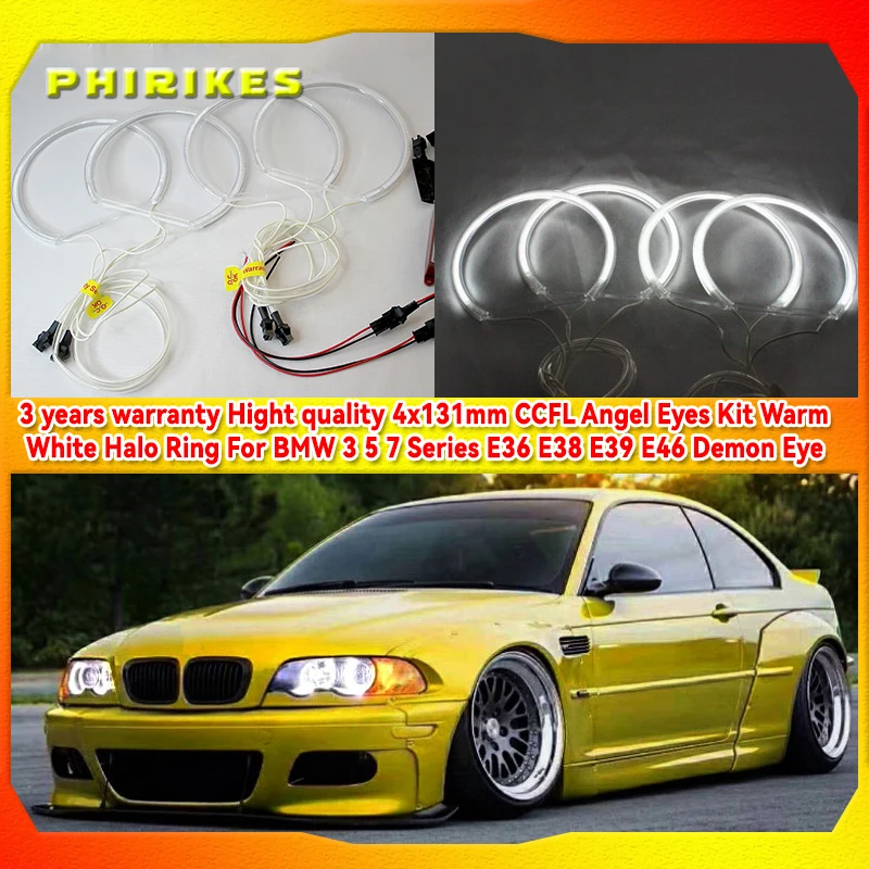 

3 years warranty Hight quality 4x131mm CCFL Angel Eyes Kit Warm White Halo Ring For BMW 3 5 7 Series E36 E38 E39 E46 Demon Eye