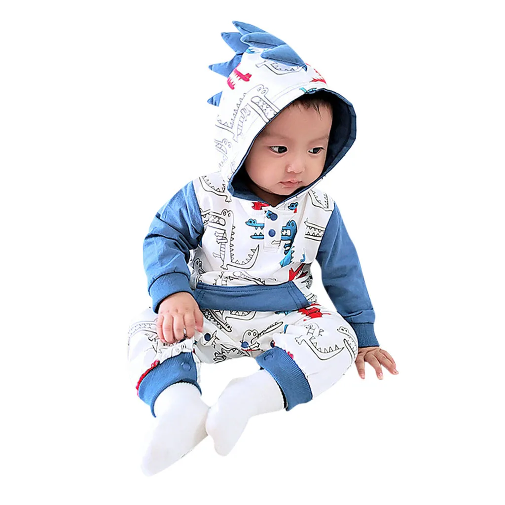 Newborn Baby Boys Girls Hooded Cartoon 3D Dinosaur Print Romper Infant Kids Long Sleeve Autumn Jumpsuit Toddler Fashion Outfits