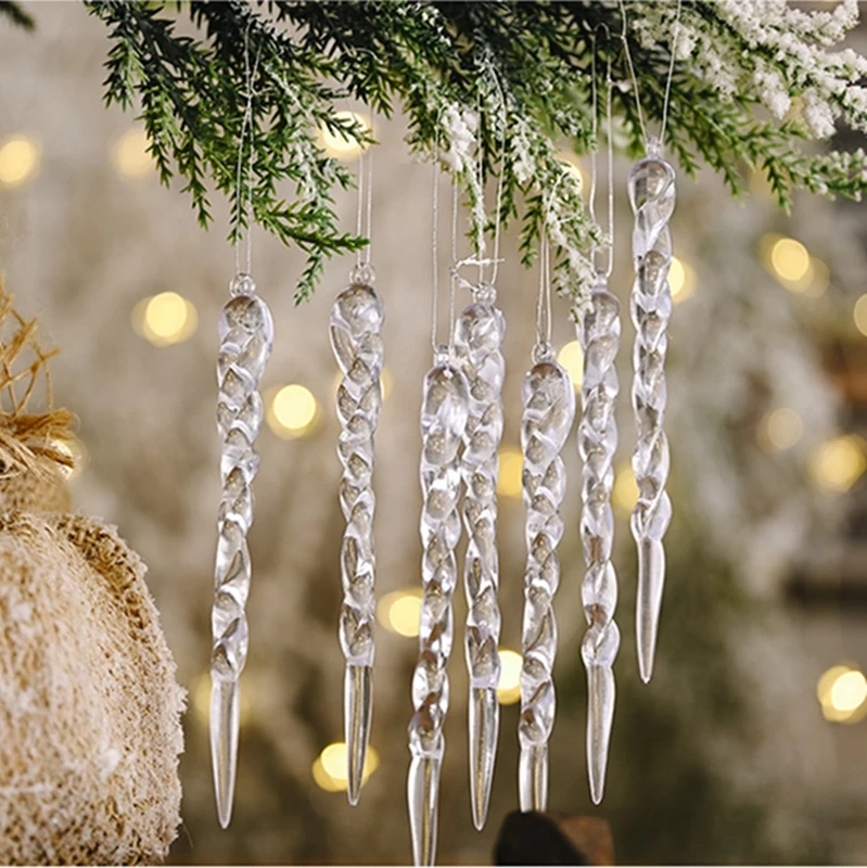 12pcs Acrylic Transparent Icicle Pendant Christmas Tree Hanging Ornament DIY Accessory Christmas Party Decoration for Home decor