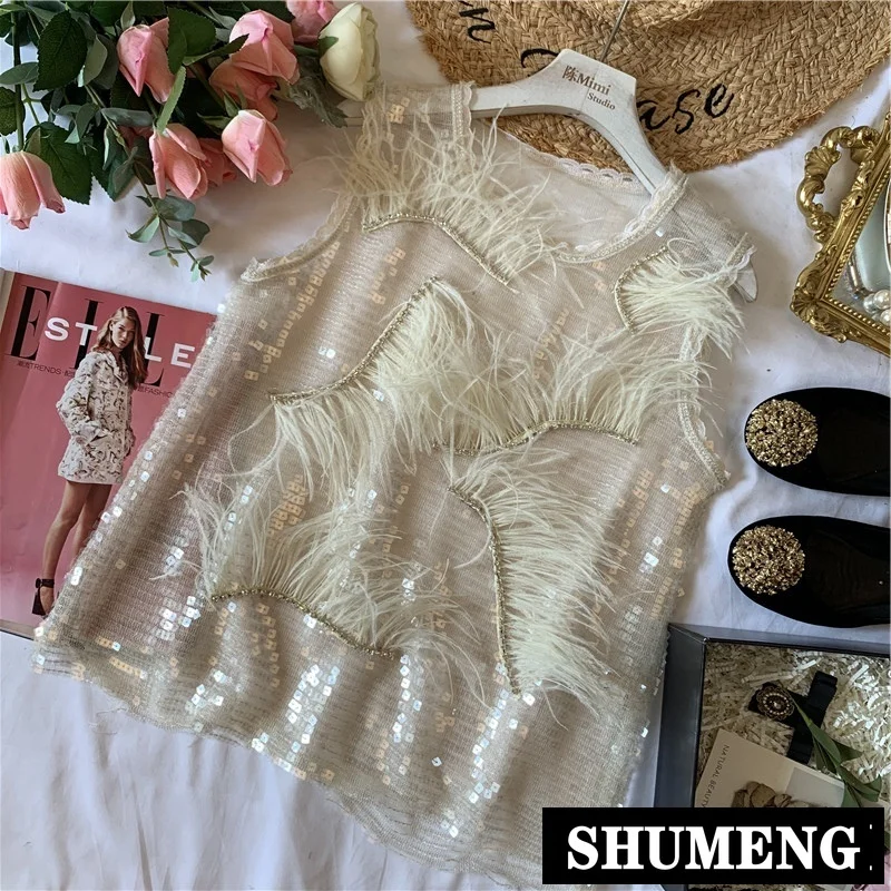 

New Summer Women Personality Super Fairy Ostrich Feather Stitching Rhinestone Sequins Sleeveless Vest Shirt Elegant Blouse Tops