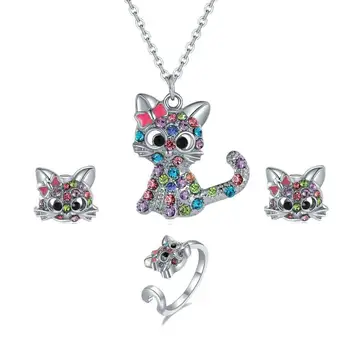 

Fashion Jewelry Cat Shape Tibetan Silver 2 Color Fine Rhinestone Pendant Chain Drop Earring Ring Jewelry for Women