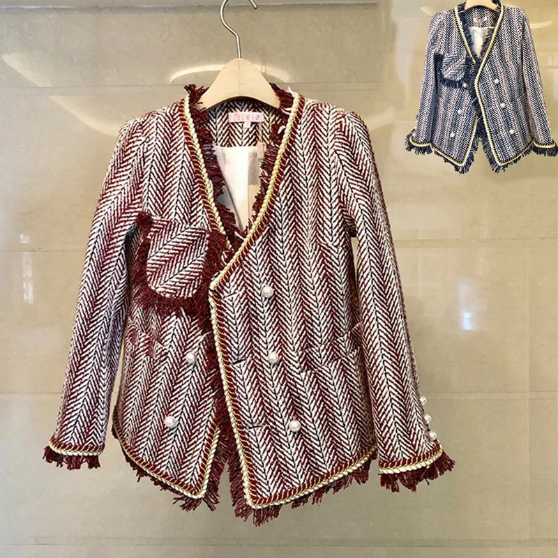 

Chic Double Row Buckle Tassel Stripes Temperament V Collar Socialite Small Xiangfeng Short Coat Female Chao Ins