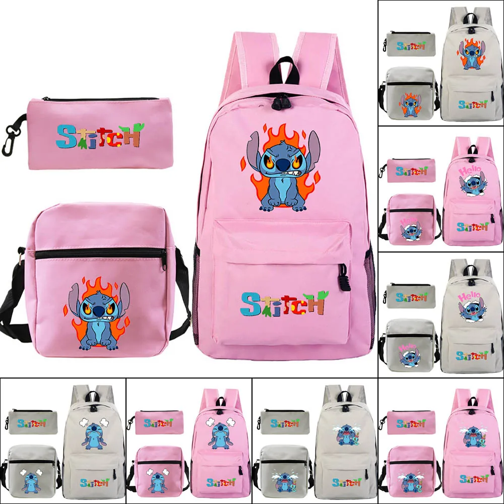 2021 New Stitch Angry Cartoon Print Elementary School Backpack Set Student Schoolbag+Shoulder Bag+Pencil Case Three-Piece Set
