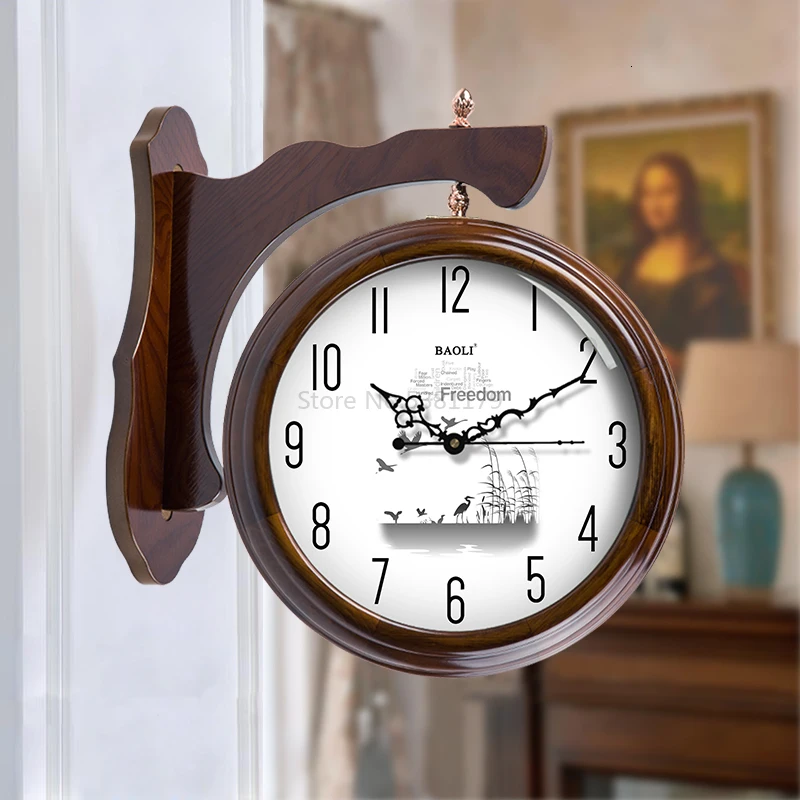 European Solid Wood Double-sided Wall Clock Modern Minimalist Fashion Nordic Living Room Home Clocks Hanging Table Creative - Цвет: Фиолетовый
