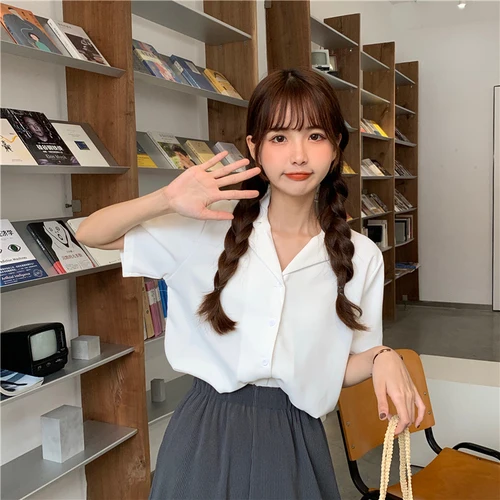 Turndown Collar Short Sleeve Chiffon Shirt Blouse Women 2020 Office Ol Overalls Shirt Casual Button Loose Summer Simple Tops white