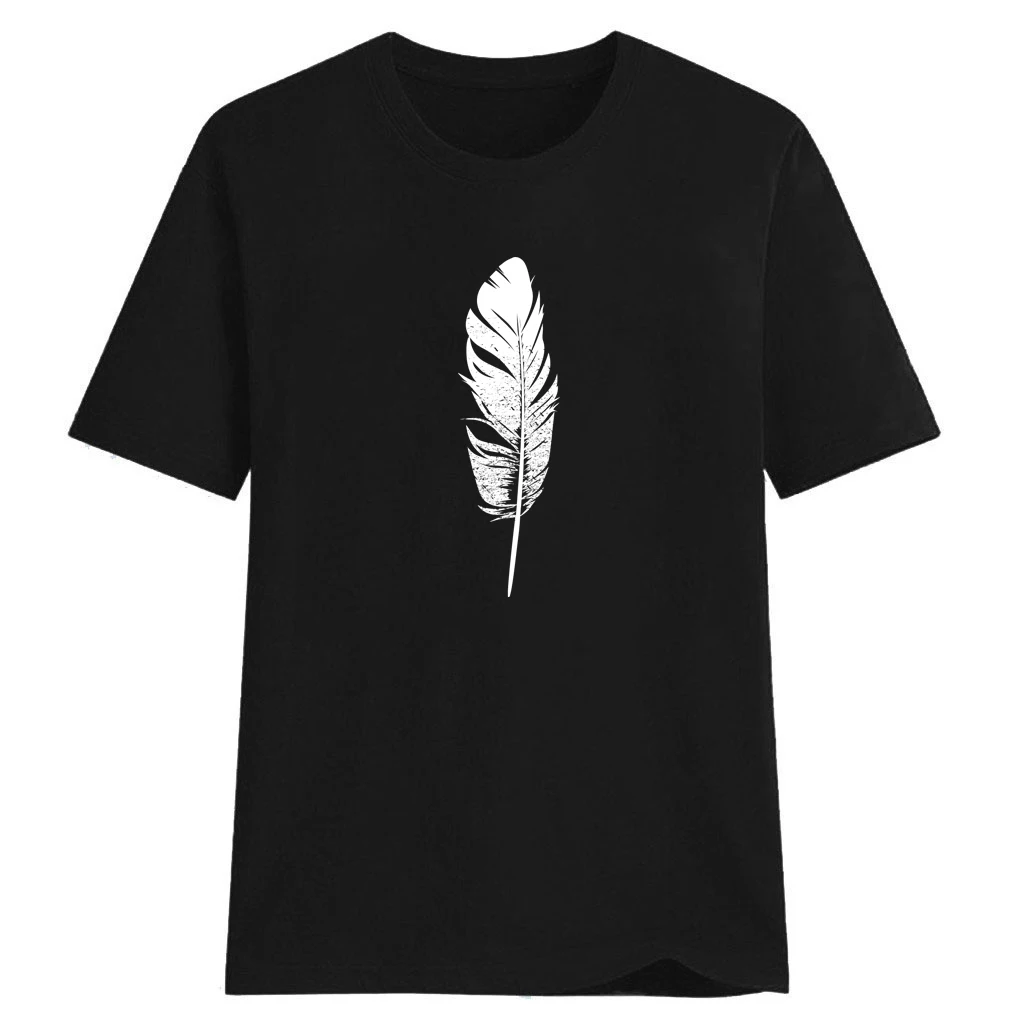 Летняя женская футболка с принтом в виде черных и белых перьев, женская футболка с принтом в стиле Харадзюку, женская модная повседневная футболка с круглым вырезом, Dames Kleding Zomer - Цвет: BK
