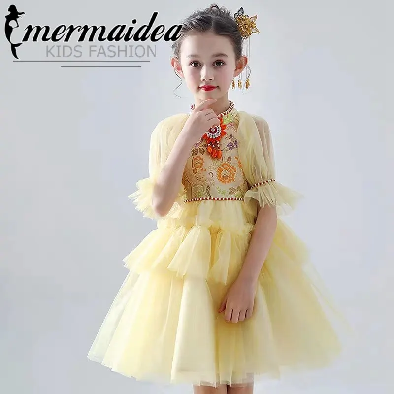 yellow short dress Летнее элегантное Модное детское пышное платье принцессы для выпускного вечера для дня рождения, свадебной вечеринки, подарок на церемонию - Цвет: yellow short dress