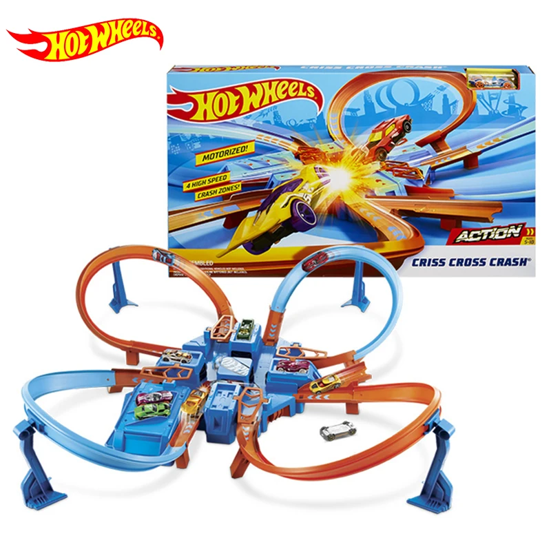 Оригинальная Автомобильная дорожка Hot Wheels Criss Cross Crash Playset 1: 64 литая под давлением гоночная модель автомобиля 4 Угловая игра Новые игрушки для детей