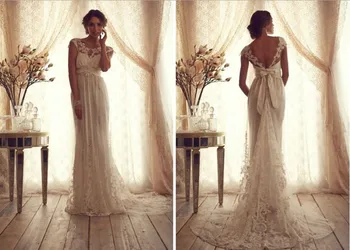 

Lace A-line Sheer Lace Backless Empire Summer Beach Vintage bridal gown with Appliques Sash Bow mother of the bride dresses