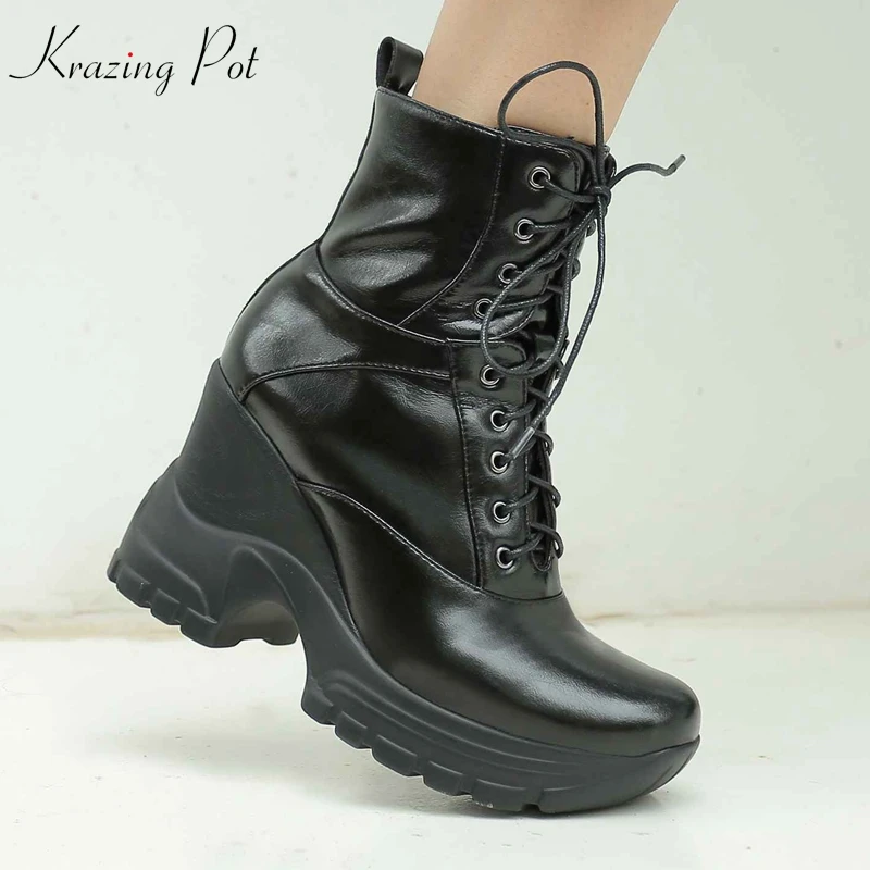 

krazing pot microfiber leather round toe wedges high heels personalized design plus size modern keep warm mild-calf boots l3f1