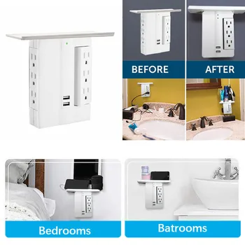 

2 USB Socket Shelf Wall-Mounted Plug US Multi Plugs Socket Shelf 8 Port Surge Protector 6 Wall Outlet Extenders