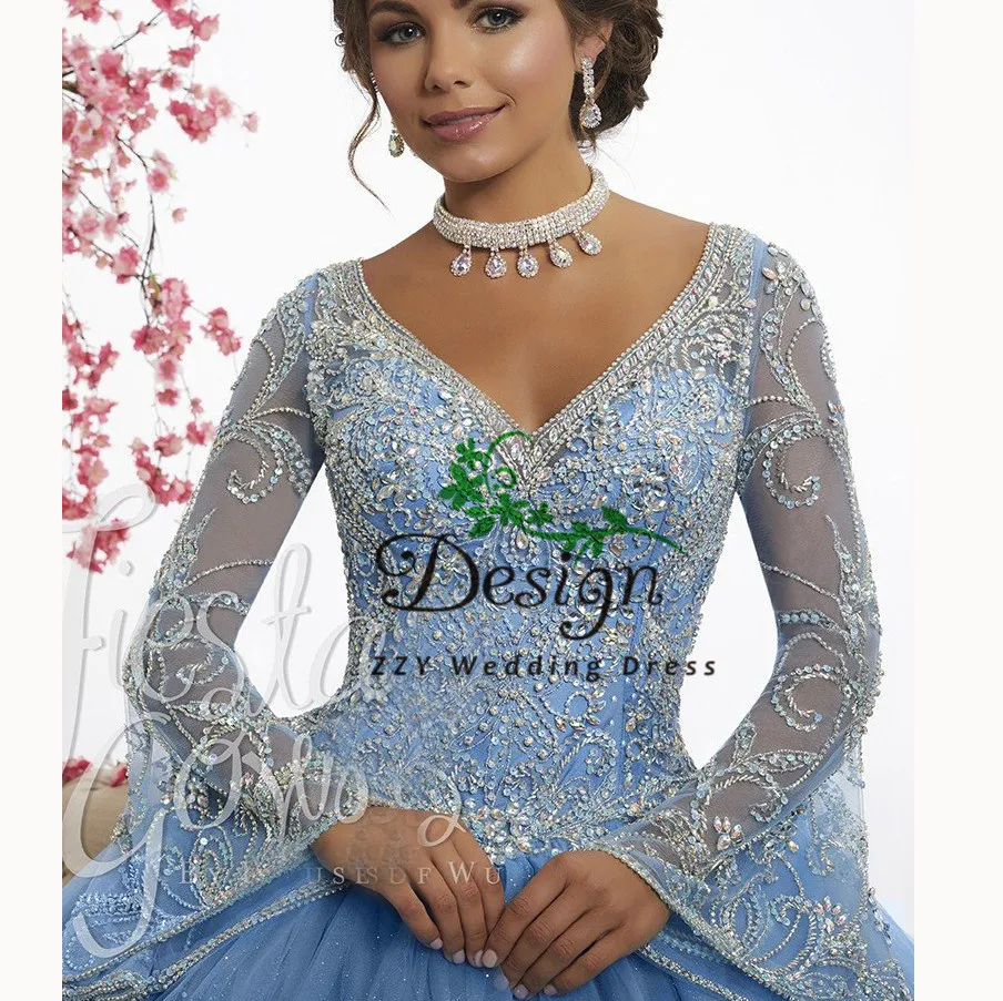 Vestidos de 15 anos quinceanera платья с длинными рукавами с глубоким v-образным вырезом и расшитое бисером пышные платья Кристаллы Бисероплетение со шлейфом
