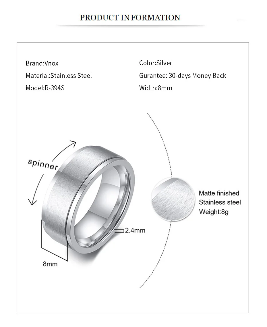 Vnox 6/8mm Spinner Ring for Men Stress Release Accessory Classic Stainless Steel Wedding Band Casual Sport Jewelry