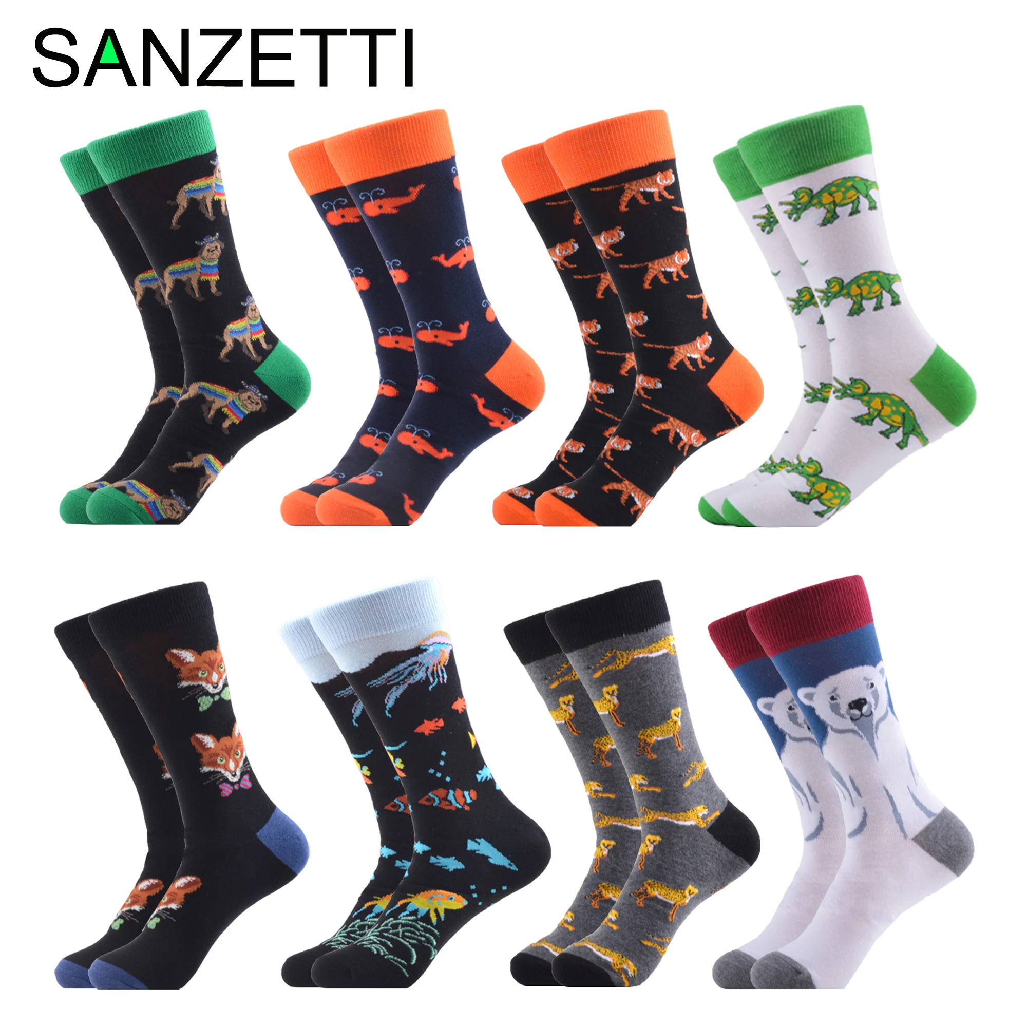 

SANZETTI 8 Pairs/New Men's Socks Happy Combed Cotton Fun Animal Series Dinosaur Leopard Casual Party Gift Creative Formal Socks