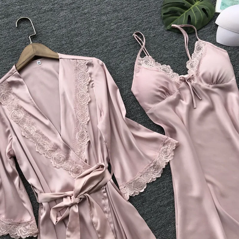 Women Sexy Rayon Kimono Bathrobe Bride Bridesmaid Wedding Robe Set Lace Trim Sleepwear Night Dress With Chest Pads