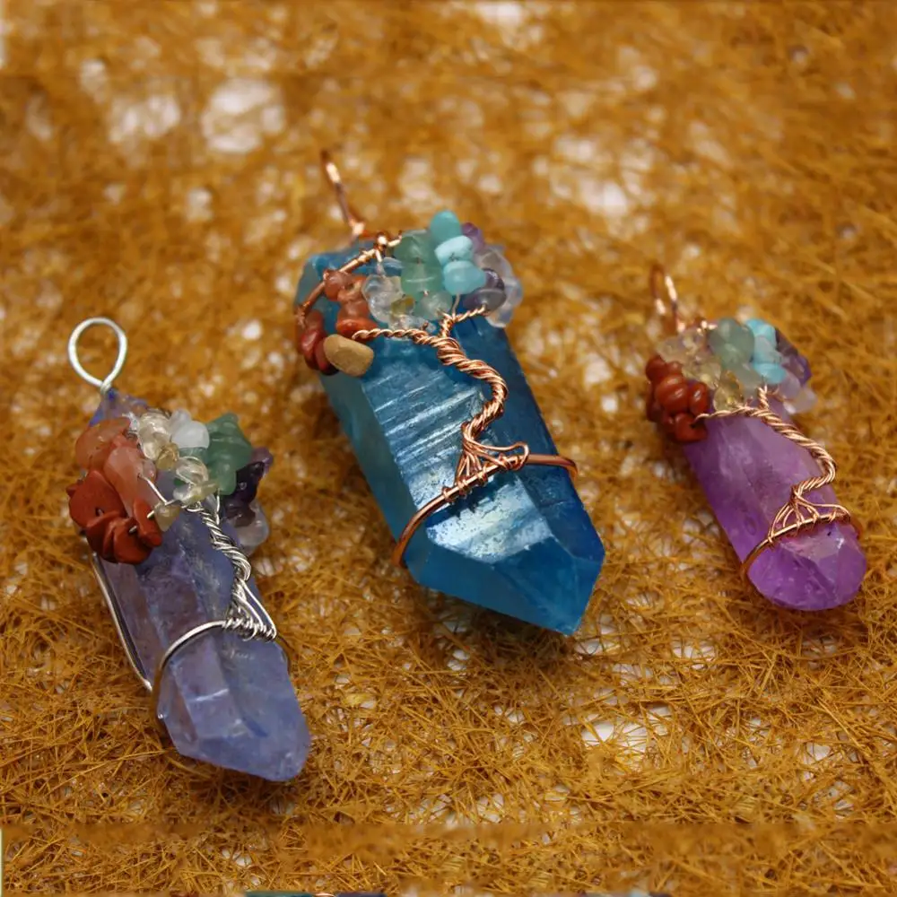 

12pcs Natural Pillar blue crystal pendant clr gravel tree of life Meditation Quartz Treat Crystal Charm for Jewelry Making Free