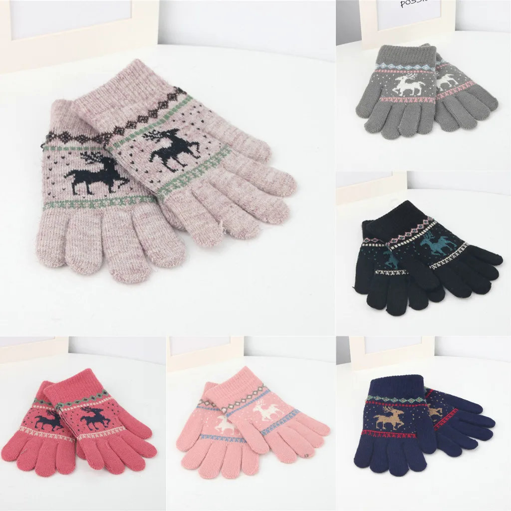 Children Knitted Wool Gloves Christmas Elk Cashmere Full Finger Mittens Xmas Warm Gloves For Kid Boy Girl Guantes Invierno Mujer