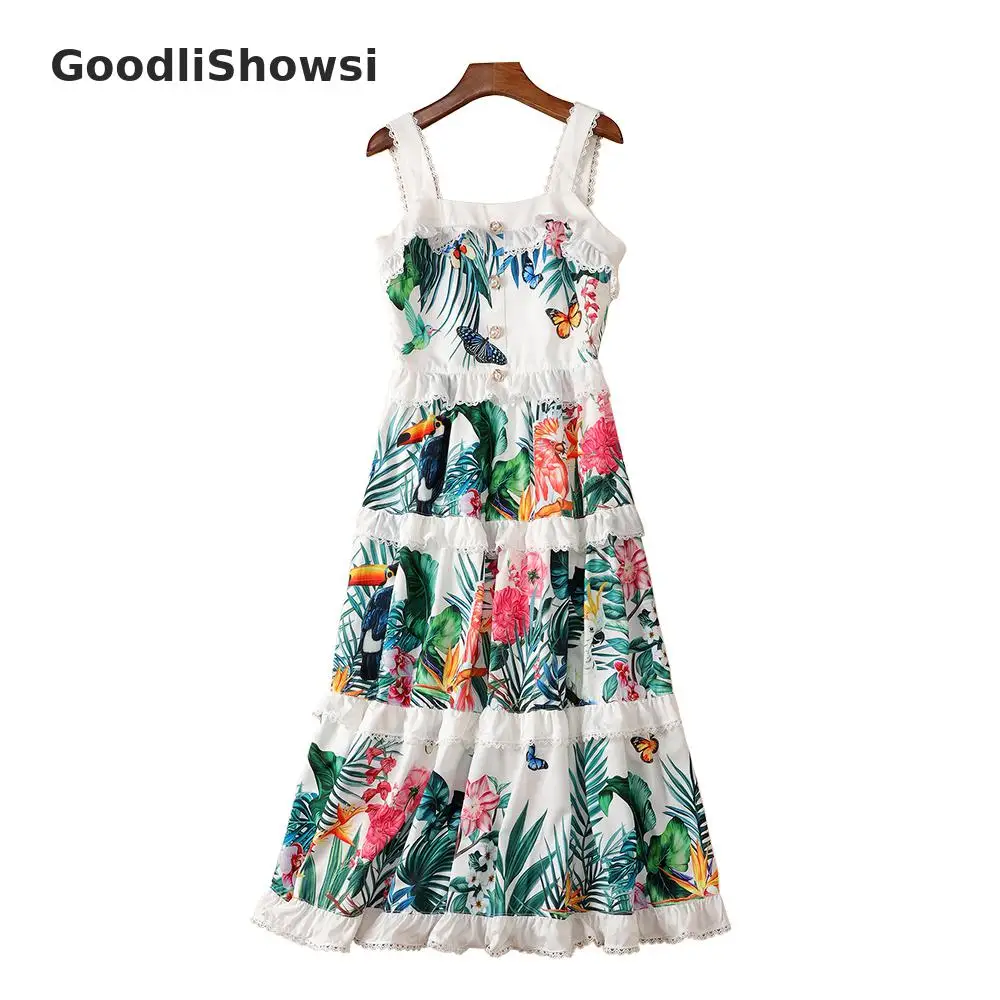 GoodliShowsi пляжное платье для отдыха, Гавайское Платье с принтом, с открытыми плечами, с открытой спиной, с завышенной талией, многослойное, с оборками, женское платье-комбинация