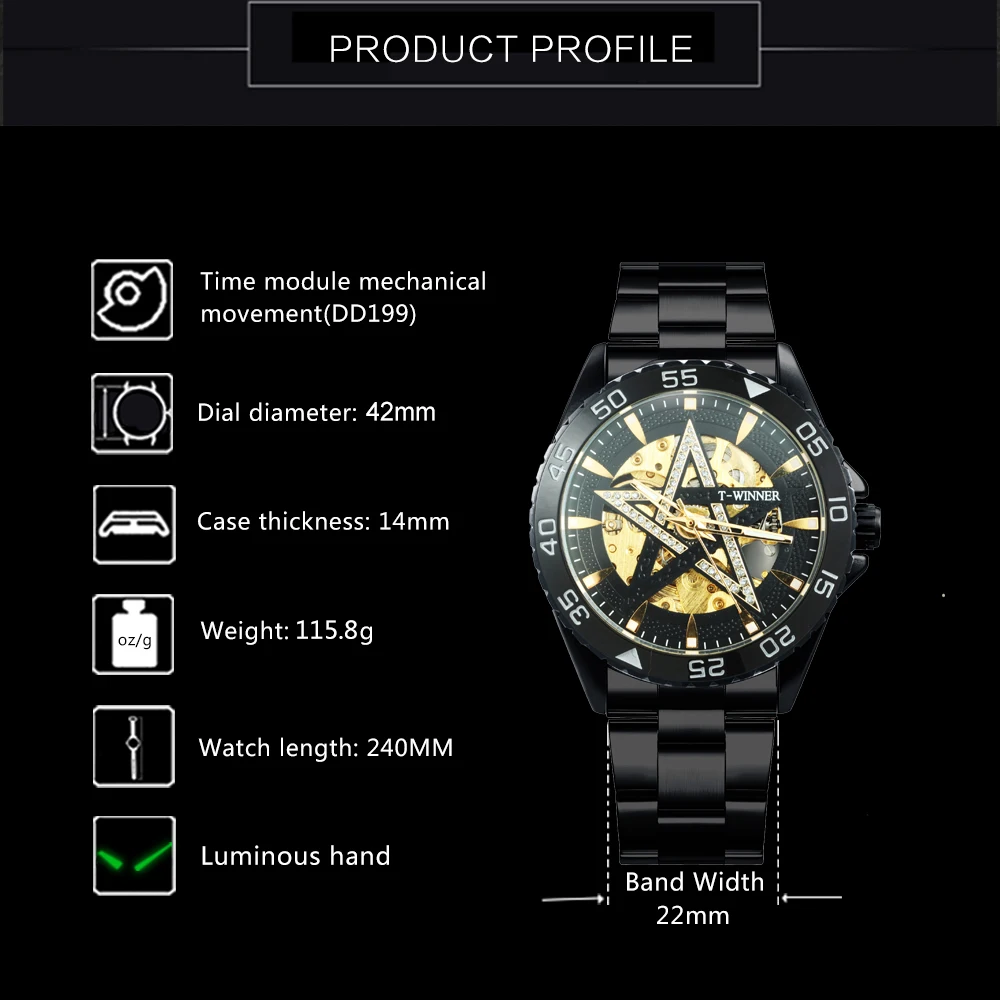 WINNER модные повседневные автоматические механические мужские часы от ведущего бренда, роскошные блестящие часы с кристаллами и циферблатом, черные металлические мужские часы