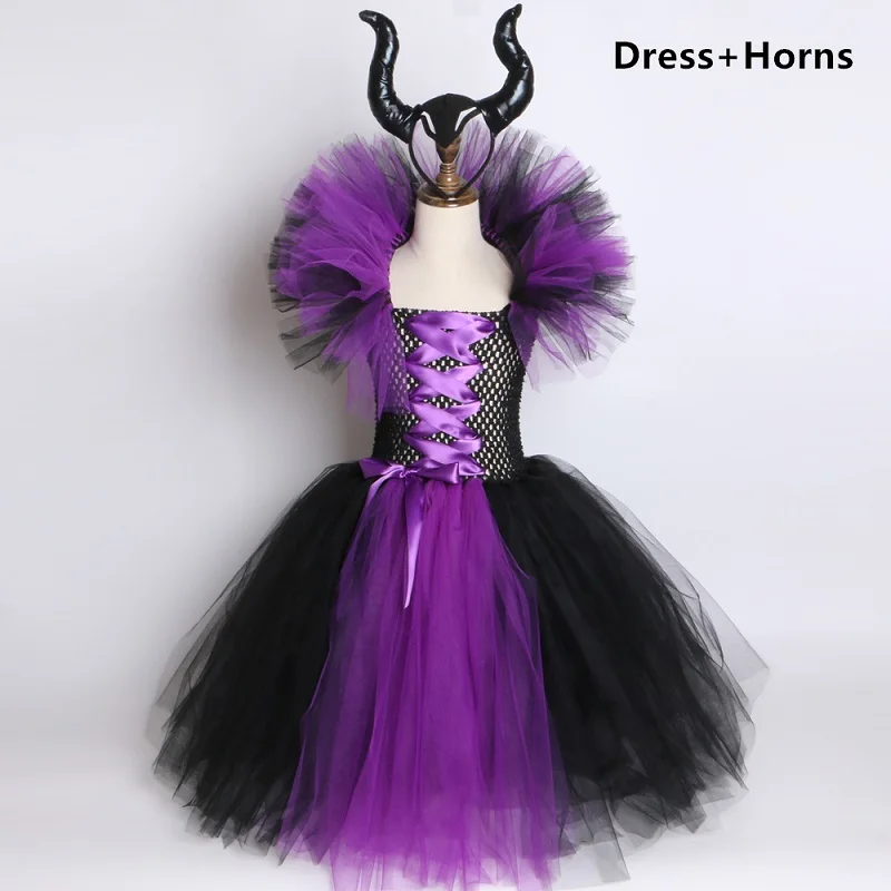 Dress and Horns Maleficent/платье-пачка «злая королева» для девочек с рогами, костюм ведьмы для косплея для девочек, детское праздничное платье, детская одежда - Цвет: Dress and Horns