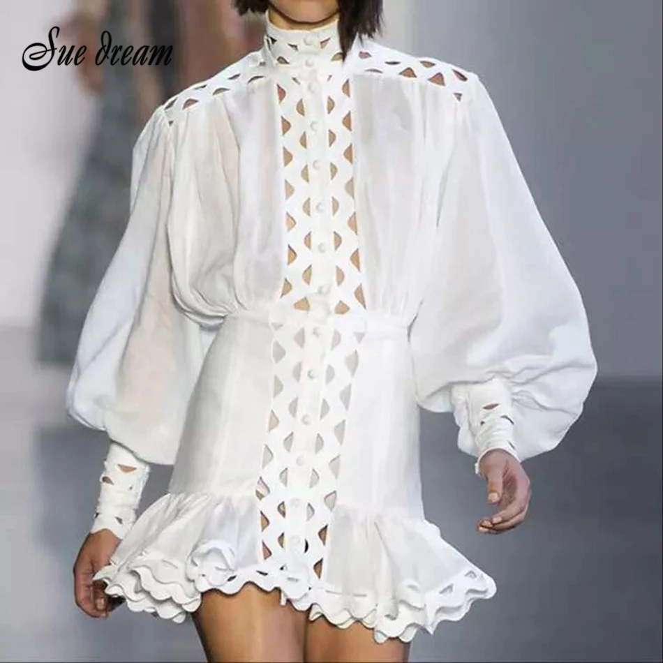 

2019 Summer Designer Runway Dress Female Sexy Cutout Long Lantern Sleeve Ruffle Mini Dress Female Retro White Black Party
