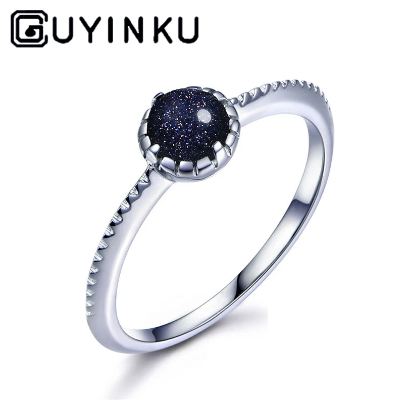 

New 925 Sterling Silver Vintage Solitaire Round Natural Stone Blue Sand Ring for Women Fine Jewelry Anniversary Gifts Wholesale