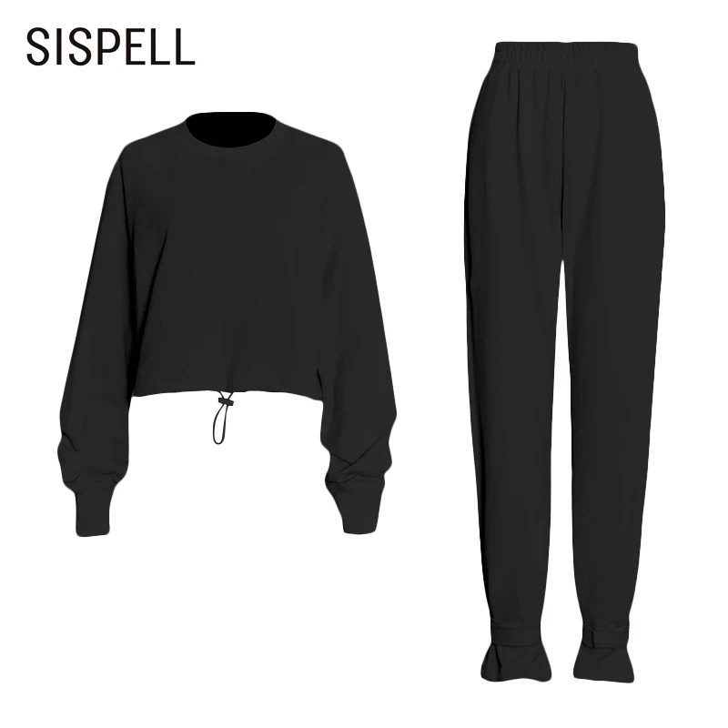 

Женский брючный костюм SISPELL, повседневный комплект из двух предметов, топ с круглым вырезом и длинным рукавом, со шнуровкой, с длинными рукавами и штанами