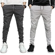 Мода новые черные белые прямые Полосатые мужские брюки-карандаш облегающие средние с низкой талией для мужчин спортивные штаны хип-хоп брюки